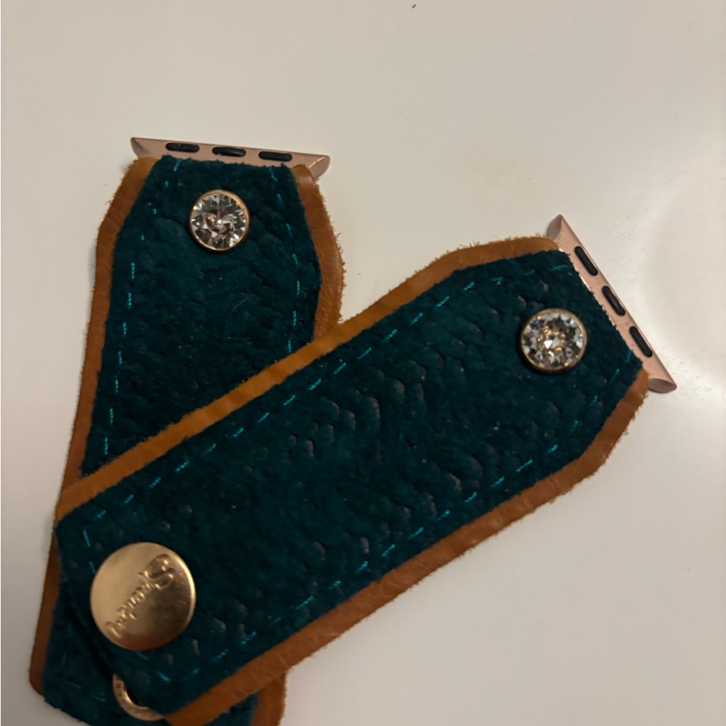 Sparkl Bandsteal And Tan Watch Band With Rhinestone Accents Real Leather Lining